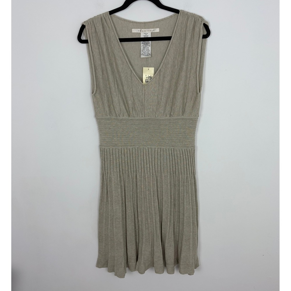 Max Studio Knit Fit & Flare Dress NWT Oatmeal Beige V-Neck Vintage Size Large